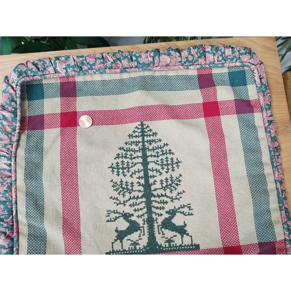 Completed Cross Stitch Tree Deer Ruched Sides Hidden Zipper Piping Pillow 15X15